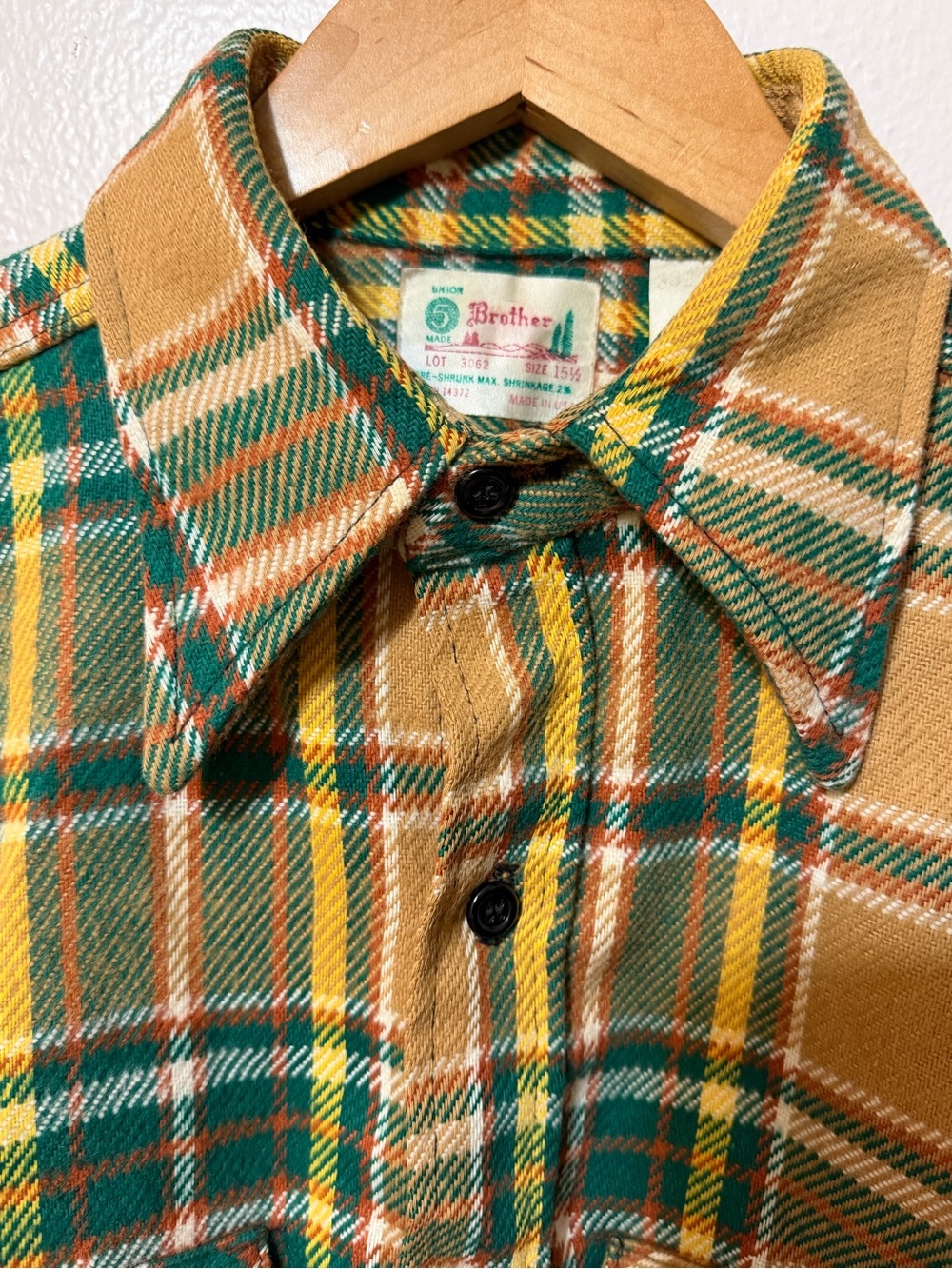 VINTAGE 1970’s 5 Brother Plaid Flannel Button-Up Shirt  15 1/2 MADE IN USA